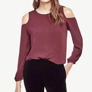 Ann Taylor Sheer burgundy/wine silk cold shoulder S